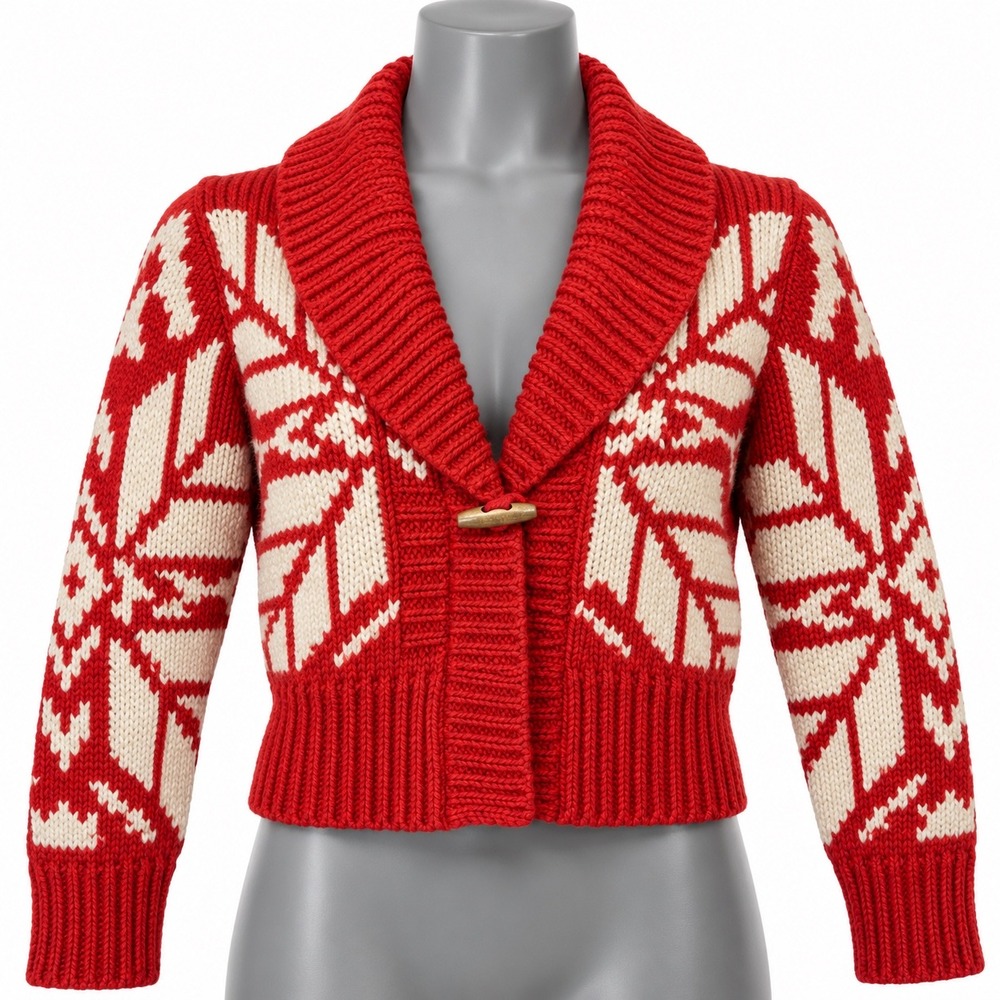American Eagle Red Snowflake Cardigan Shawl Collar Toggle Sweater Large